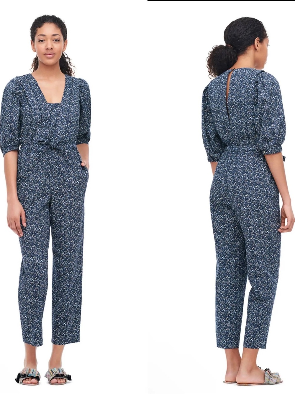 La Vie Rebecca Taylor Blue Ditsy Floral Cotton Jumpsuit – Size Small